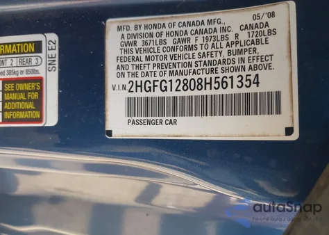 2008 Honda Civic Ex z USA, uszkodzony, nr VIN 2HGFG12808H561354